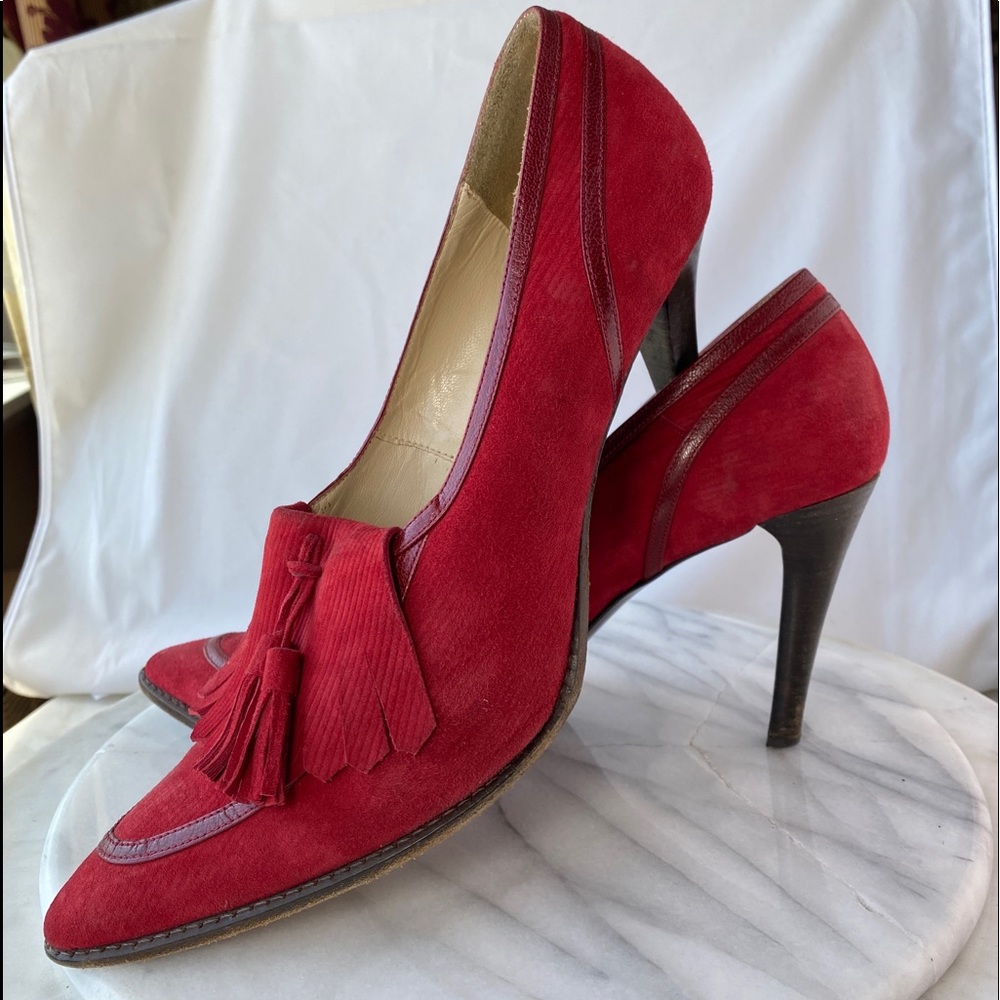DKNY Red Leather Trim & Tassel Suede Fringe Stiletto Heels Pointy Toe